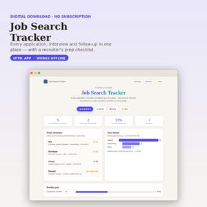 May include: A digital Job Search Tracker application interface displayed on a screen. The dashboard features sections for active applications, interview rates, and a funnel chart. It includes a list of companies like Wix, Hostinger, Vinted, and Revolut with status updates and a weekly goal progress bar.