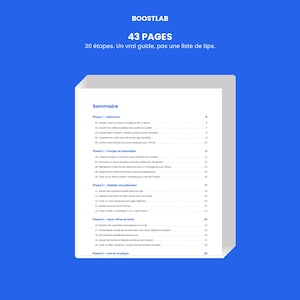 Könnte beinhalten: Ein weißes Dokument mit dem Titel BOOSTLAB, 43 Seiten und 30 Schritten. Der Text enthält ein Inhaltsverzeichnis mit der Überschrift Sommaire, das die Phasen 1 bis 5 auflistet und Themen wie Bearbeitung, visuelle Effekte und Untertitel umfasst.