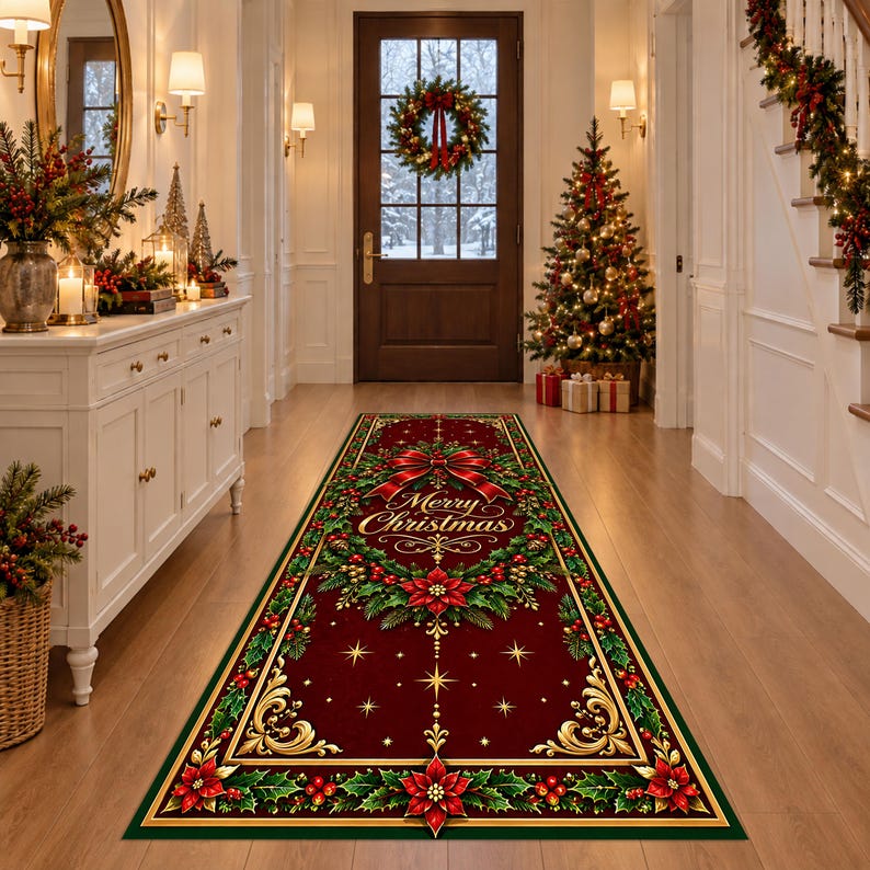 Op de afbeelding: Een rechthoekige loper met een dieprode achtergrond en de centrale inscriptie Merry Christmas, omringd door een decoratieve rand van groene hulstbladeren, rode kerststerren, gouden filigraanaccenten en kleine stermotieven.