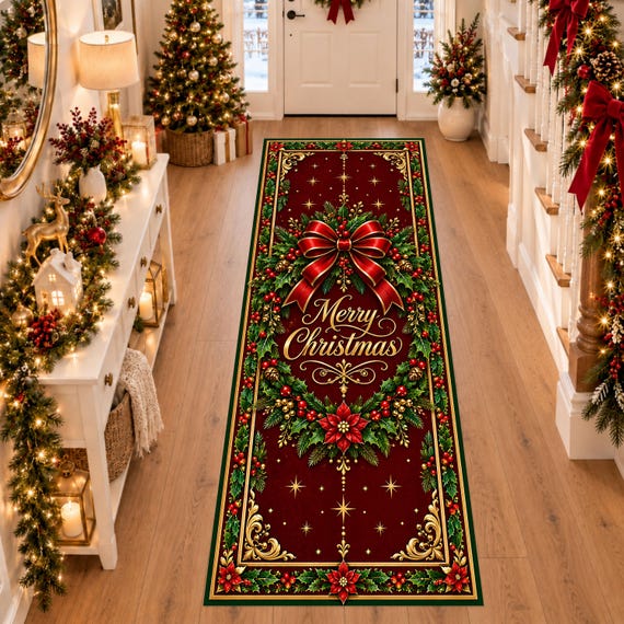 Merry Christmas Runner Rug, Holly Berry Holiday Rug, Elegant Christmas Hallway Decor, Luxury Winter Runner, Machine Washable Rug