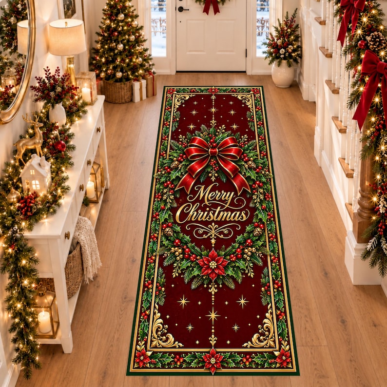 Op de afbeelding: Een rechthoekige loper met een dieprode achtergrond, een centrale groene hulstkrans, een grote rode strik en de gouden tekst Merry Christmas. Het ontwerp bevat kerststerren, gouden filigraan hoeken en steraccenten.