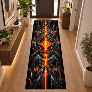 May include: A long rectangular runner rug featuring a symmetrical abstract design with a central glowing orange light source surrounded by dark blue and black geometric patterns, metallic shards, and radiating lines of bright orange energy.