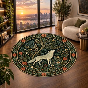 May include: A round area rug featuring a dark green background with a central illustration of a white wolf standing beneath a stylized tree. The design includes intricate floral patterns in shades of orange and cream, enclosed by a decorative border.