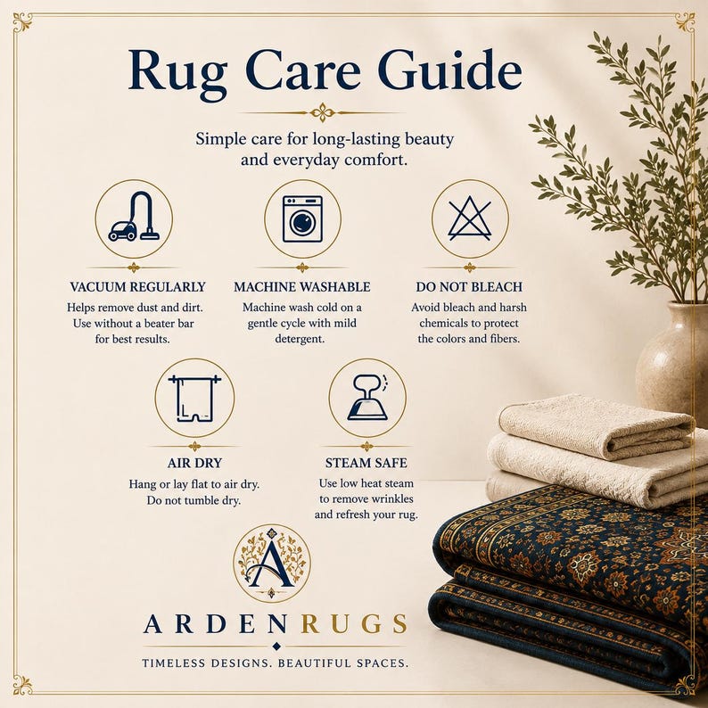 Op de afbeelding: Een informatieve afbeelding getiteld Rug Care Guide van Arden Rugs met iconen en tekstinstructies voor stofzuigen, machinewas, bleekmiddel vermijden, aan de lucht drogen en stomen, naast een stapel opgevouwen tapijten en een plant.