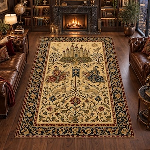 Puede incluir: Una alfombra rectangular con un diseño de tapiz medieval que presenta un castillo central, dos caballeros a caballo, dos perros y motivos florales. El borde es azul oscuro con patrones florales dorados y rojos sobre un fondo crema.