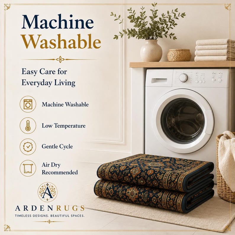 Op de afbeelding: Een gevouwen donkerblauw tapijt met ingewikkelde gouden en oranje bloemmotieven. De tekst luidt: Machine Washable, Easy Care for Everyday Living, Machine Washable, Low Temperature, Gentle Cycle, Air Dry Recommended en ARDEN RUGS.
