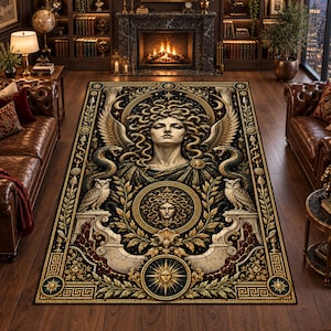 May include: A rectangular area rug featuring a central illustration of Medusa with snakes for hair, flanked by two owls and two rearing snakes. The design includes gold laurel leaves, a sun emblem, and Greek key borders in shades of black, gold, and red.