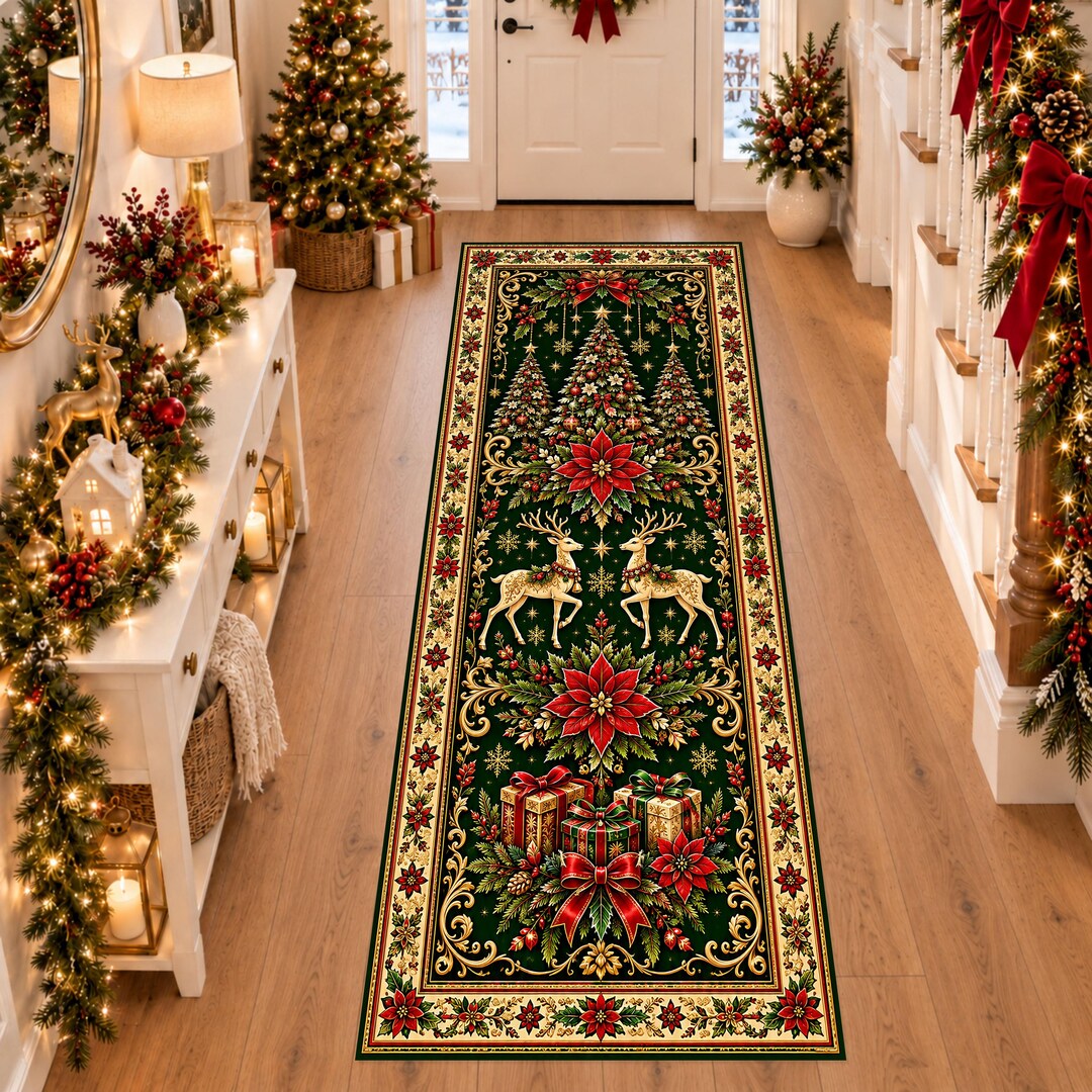 Christmas Deer Runner Rug, Vintage Holiday Christmas Tree Rug ...