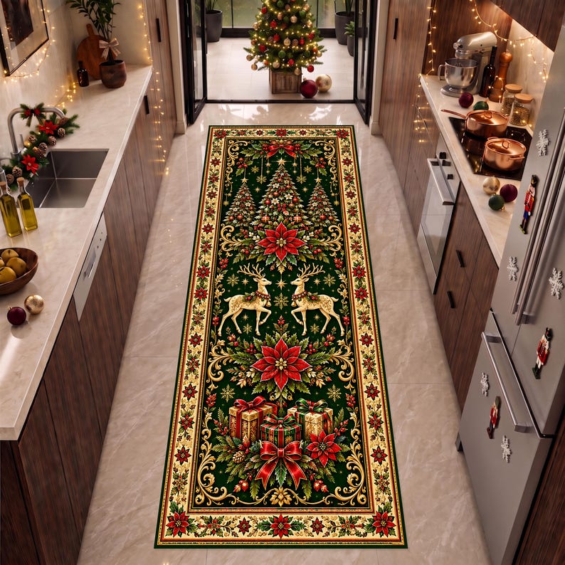 Christmas Deer Runner Rug, Vintage Holiday Christmas Tree Rug ...