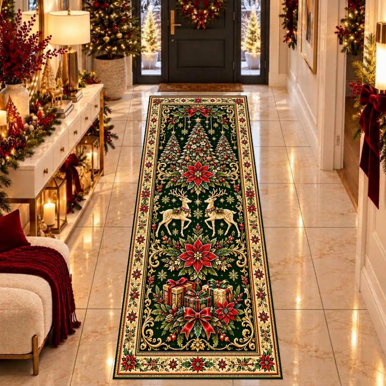 Christmas Deer Runner Rug, Vintage Holiday Christmas Tree Rug ...