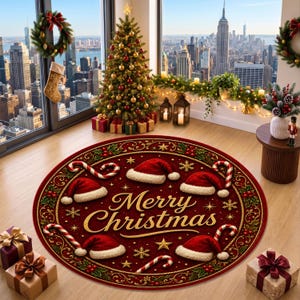 Op de afbeelding: Een rond rood tapijt met de gouden tekst Merry Christmas in het midden, omringd door vier rood-witte kerstmutsen, zuurstokken, gouden sterren en sneeuwvlokken. De rand is versierd met groene hulstbladeren en rode bessen.