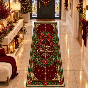 Op de afbeelding: Een rechthoekige loper met een dieprode achtergrond, een centraal kerstkransontwerp, een grote rode strik, groene hulstbladeren, rode bessen en de gouden tekst Merry Christmas, omlijst door een decoratieve groene en gouden rand.