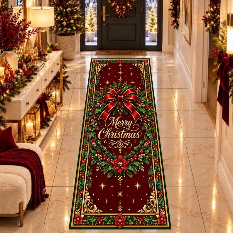 Op de afbeelding: Een rechthoekige loper met een dieprode achtergrond, een centraal kerstkransontwerp, een grote rode strik, groene hulstbladeren, rode bessen en de gouden tekst Merry Christmas, omlijst door een decoratieve groene en gouden rand.