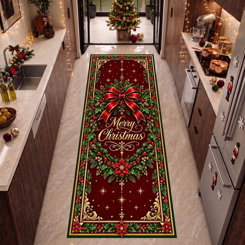 Op de afbeelding: Een rechthoekige loper met een dieprode achtergrond en een centrale kerstkrans van groen hulst, rode bessen en een grote rode strik. De tekst Merry Christmas staat in goudkleurig schrift in het midden, omringd door gouden filigraan details.