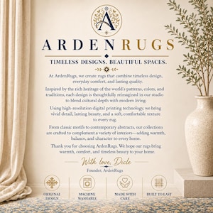 Op de afbeelding: Een promotionele afbeelding voor ArdenRugs met een logo met een blauwe letter A, de tekst ArdenRugs en de slogan Timeless Designs. Beautiful Spaces. Het bevat een bericht van de oprichter, Dicle, en vier iconen voor Original Design, Machine Washable, Made With Care en Built To Last.