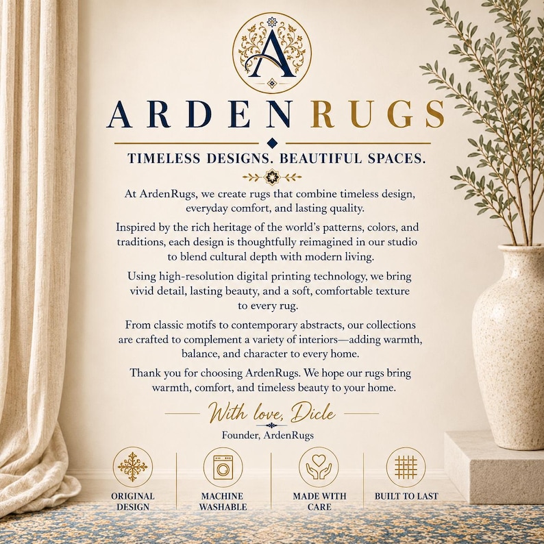 Op de afbeelding: Een promotionele afbeelding voor ArdenRugs met een logo met een blauwe letter A, de tekst ArdenRugs en de slogan Timeless Designs. Beautiful Spaces. Het bevat een bericht van de oprichter, Dicle, en vier iconen voor Original Design, Machine Washable, Made With Care en Built To Last.