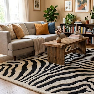 May include: A rectangular area rug featuring a high-contrast black and cream zebra stripe pattern. The rug is positioned on a light-coloured wooden floor, extending from beneath a wooden coffee table towards the foreground of the living space.