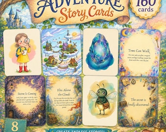 Puede incluir: Un juego de 160 cartas de historias Adventure Story Cards con coloridas ilustraciones de personajes, islas flotantes, cristales y criaturas mágicas. Las cartas incluyen textos como Trees Can Walk y Storm Is Coming, organizadas en 8 categorías.