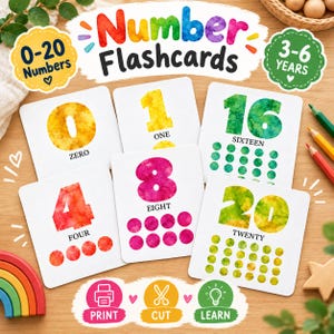 May include: A set of educational number flashcards featuring watercolour-style digits from 0 to 20. Each white card displays a large number, its written name, and a corresponding count of coloured dots. The title reads Number Flashcards.