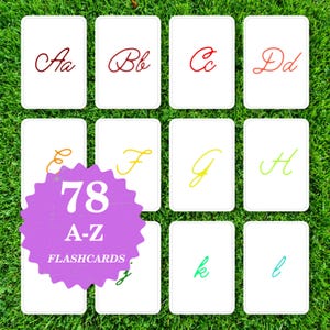 May include: A set of white rectangular flashcards featuring cursive letters of the alphabet in various colors. A purple starburst graphic overlays the cards with the white text 78 A-Z FLASHCARDS. The cards display uppercase and lowercase letters.