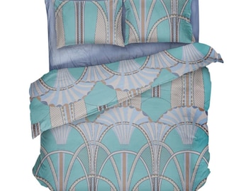 Blue Geometric Cotton Bedding Set, 100% Premium Poplin Duvet Cover, Art Deco Style Bed Linens, Made in Ukraine