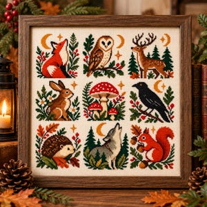 May include: A framed cross-stitch sampler featuring a grid of nine forest-themed illustrations including a fox, owl, deer, rabbit, mushrooms, crow, hedgehog, howling wolf, and squirrel, all accented with crescent moons and stars on cream fabric.