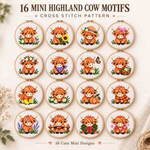 Könnte beinhalten: Eine Sammlung von 16 Mini-Kreuzstichmustern mit Highland-Rindern in hölzernen Stickrahmen. Jeder Rahmen zeigt ein orangefarbenes Rind mit verschiedenen Accessoires wie Blumen, Hüten, Schals, Kürbissen und Herzen. Der Text lautet 16 MINI HIGHLAND COW MOTIFS CROSS STITCH PATTERN und 16 Cute Mini Designs.