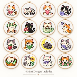 Peut inclure: Seize tambours à broder circulaires en bois contenant des motifs de point de croix représentant divers chats. Chaque tambour présente un design félin unique, incluant des chats avec des fleurs, de la laine, des livres, de la nourriture et des lunes. Le texte en bas indique 16 Mini Designs Included.
