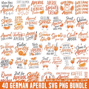 May include: A digital collection of 40 graphic designs featuring orange and black text and illustrations related to Aperol Spritz cocktails. The designs include various phrases, cocktail glasses, orange slices, and crowns in a variety of fonts.