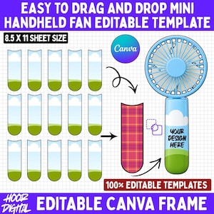 Op de afbeelding: Een bewerkbaar digitaal sjabloon voor een handventilator, met een raster van vijftien lege handgreepvormen, een Canva-logo en een blauwe handventilator met een handgreep die de tekst YOUR DESIGN HERE toont op een achtergrond van wolken en gras.