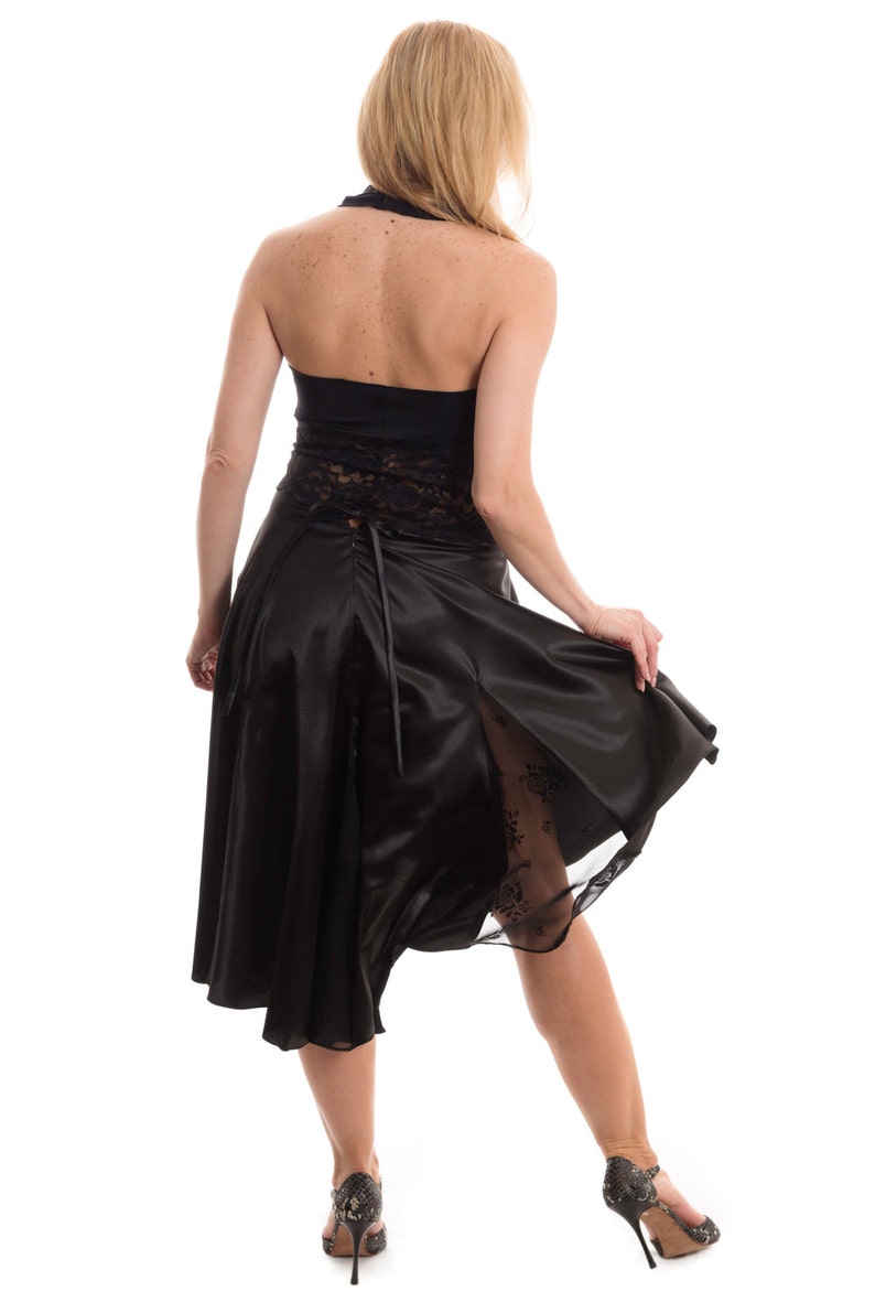Madame Betti Classic Black Tango Skirt with Lace Accent Argentine Tango Black Skirt Perfect for Tango Performances and Milongas.