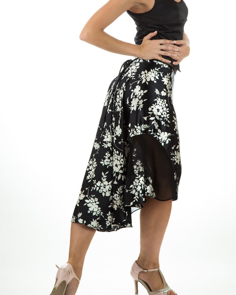 Madame Katie Black and White Floral Satin Dance Skirt image 1