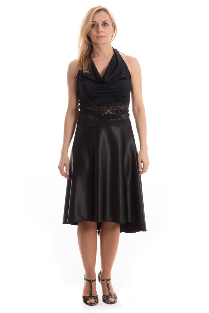 Madame Betti Classic Black Tango Skirt with Lace Accent Argentine Tango Black Skirt Perfect for Tango Performances and Milongas.