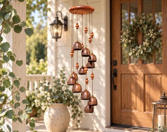 Vintage Metal Bell Wind Chime, Rustic Garden Chime, Wooden Bead Hanging Decor, Boho Porch Patio Decor, Housewarming Gift