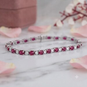 11.00Ct Oval Cut Natural Red Ruby & Diamond Tennis Bracelet 14K Solid White Gold