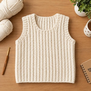 Può includere: Un gilet senza maniche all'uncinetto color crema con una trama a coste verticali, scollo rotondo e bordi spessi sugli scalfi. Il capo è realizzato con un motivo a punti costante in un filato neutro color bianco sporco.