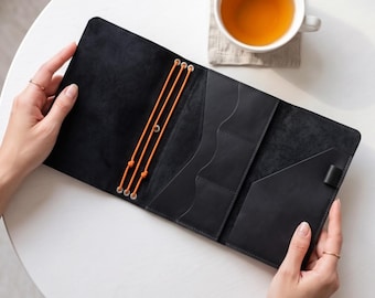 Carnet en cuir à trois volets, carnet de voyage avec poches, couverture de journal en cuir B6 rechargeable, étui à carnet en cuir A6, agenda en cuir A5