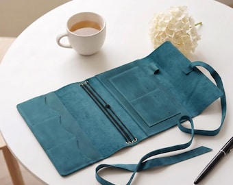 Leather trifold journal cover,Traveler leather notebook,Leather wrap around notebook,Leather notebook with pockets,Refillable notebook cover