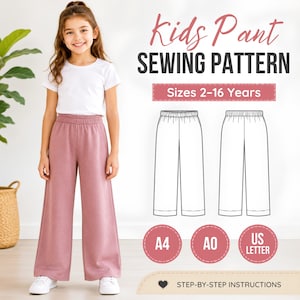 Puede incluir: Un patrón de costura para pantalones de niños con el texto Kids Pant SEWING PATTERN, Sizes 2-16 Years, A4, A0, US LETTER y STEP-BY-STEP INSTRUCTIONS. La imagen muestra un dibujo técnico del pantalón y la prenda terminada.
