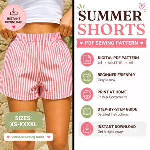 Patrón de costura para pantalones cortos de verano para mujer, cintura alta elástica (descarga en PDF)