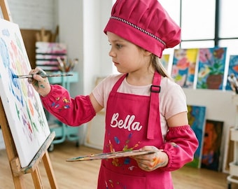 Personalized Kids Apron and Chef Hat Set,Custom Embroidered Toddler Apron,Child Art Smock for Baking and Painting, Little Chef Gift for Kids
