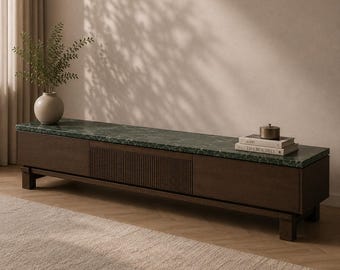 Mueble para TV de mármol verde de Guatemala, consola multimedia con chapa de roble y 3 cajones, patas de roble macizo, credenza baja, unidad de entretenimiento moderna de lujo.