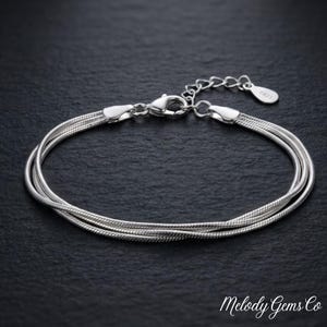 May include: A silver-toned multi-strand snake chain bracelet featuring a lobster claw clasp and an adjustable extender chain. A small metal tag attached to the end of the extender chain is clearly engraved with the text S925.