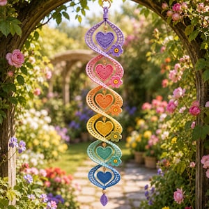 May include: A vertical spiral hanging decoration featuring six crocheted hearts in a rainbow gradient of purple, pink, orange, yellow, teal, and blue. Each heart is paired with a small crocheted flower with a yellow centre and wooden beads.