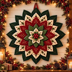Könnte beinhalten: Ein gesteppter Wandbehang in Form eines großen Weihnachtssterns mit geschichteten Blütenblättern in Dunkelgrün, leuchtendem Rot und Creme. Die Mitte zeigt eine Ansammlung kleiner roter Beeren und die Stoffblätter sind mit Steppmustern verziert.