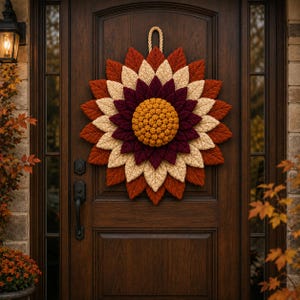 Könnte beinhalten: Ein kreisförmiger Wandbehang in Form einer großen Blume mit Lagen aus strukturierten Blütenblättern in Rostorange, Creme und Dunkelburgund. Die Mitte besteht aus kleinen, goldgelben Kugeln. Oben ist eine dicke Seilschlaufe zur Befestigung angebracht.