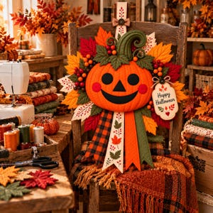 Puede incluir: Un adorno de pared de tela con forma de calabaza de Halloween con cara sonriente, rodeado de hojas de otoño y bayas artificiales. Incluye una etiqueta con el texto 'Happy Halloween' y cintas decorativas a cuadros, con estampado de hojas y lisas.