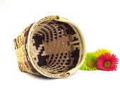 Multi Tone Wicker Waste Basket with Wood Handle - Handsome Carrier-Caddy-Tote - Hamper - Easter - Fruit Gift - Storage - Vintage Home Decor