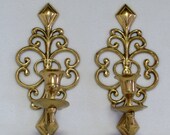 Fancy Golden Candleholders - Brass Wall Sconces - Art Deco - Nouveau - Hollywood Regency Candle Holders Pair - Vintage Home Decor