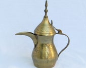 Brass Tibetan Teapot - Arabic Dallah - Moroccan Pitcher - Coffee Pot - Decanter - Etched Design - Vintage Global World Mid Century Decor